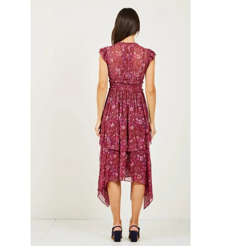 Ulla Johnson 0 Ressie 100% Silk Midi Dress $675 Asymmetric Scarf Hem Sumac NWT